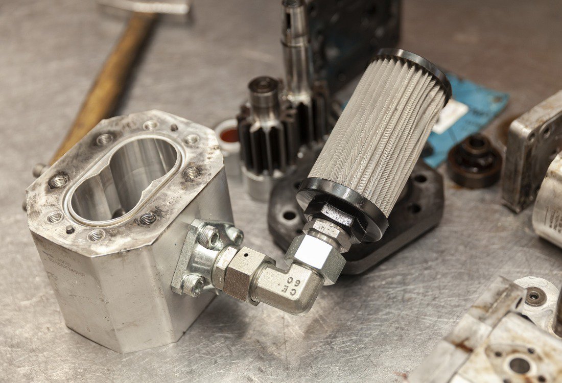 Close-up of custom hydraulic-parts and components used in fluid power and pneumatic solutions.