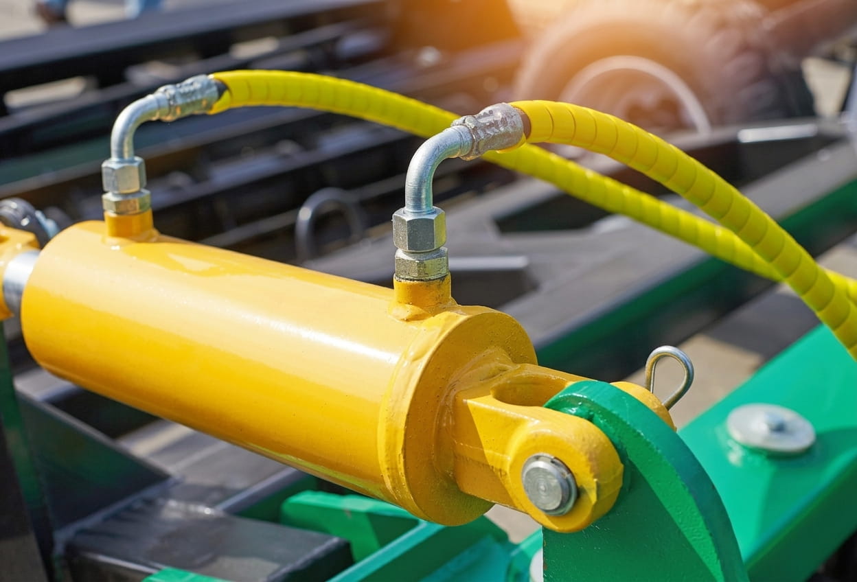 A yellow hydraulic cylinder and hoses on a machine, illustrating the system components—like lines and connections—that should be inspected for leaks and damage during troubleshooting before replacing a hydraulic gear pump.