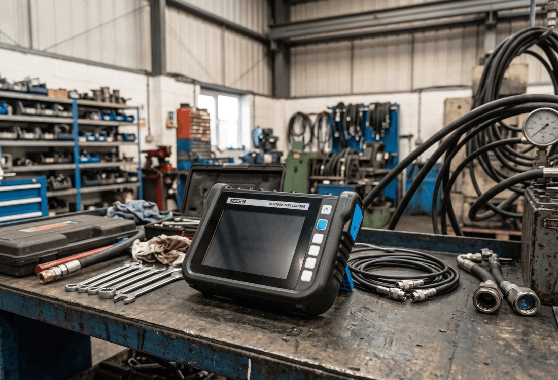 A Webtec HPM7000 data logger resting on a tidy workshop bench alongside hand tools and hoses, prepared for hydraulic pressure diagnostic analysis.